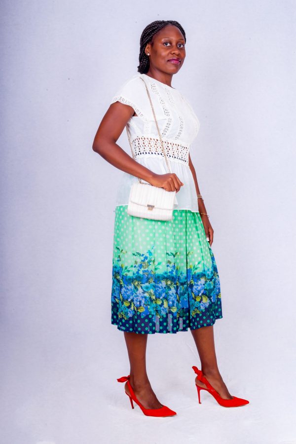 TURAN Floral pleated skirt and white cotton blouse